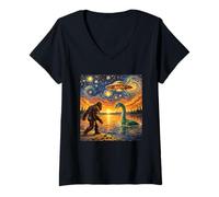 Women's Bigfoot UFO Plesiosaur Starry Night Encounter Van Gogh V-Neck T-Shirt