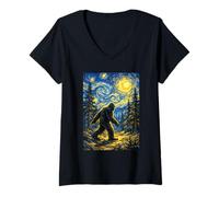 Women's Bigfoot Van Gogh Starry Night Inspired Magical Encounter V-Neck T-Shirt