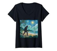 Womens Bigfoot Walks the Beach Under Starry Tropical Sky V-Neck T-Shirt