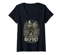 Women's Bigfoot Wilderness Explorer Legend Forest Camping Graphic V-Neck T-Shirt
