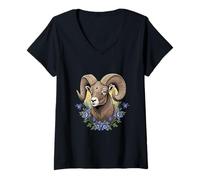 Womens Bighorn Sheep With Blue Colorado Columbine Flowers V-Neck T-Shirt