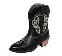Women's Biker Boots Waterproof Pull On Embroidered Cowboy Chunky Heel Sole Short Boots PU Upper Ribbed Elastic Round Toe and Deep Lug Tread for Commuting and Shopping