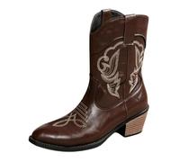 Women's Biker Boots Waterproof Pull On Embroidered Cowboy Chunky Heel Sole Short Boots PU Upper Ribbed Elastic Round Toe and Deep Lug Tread for Commuting and Shopping