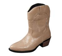 Women's Biker Boots Waterproof Pull On Embroidered Cowboy Chunky Heel Sole Short Boots PU Upper Ribbed Elastic Round Toe and Deep Lug Tread for Commuting and Shopping