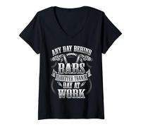 Womens Biker Humor Any Day Behind Bars Funny Motorcycle Rider V-Neck T-Shirt
