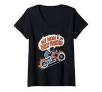 Womens Biker Mom Skeleton Flames Design V-Neck T-Shirt