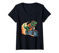 Womens Biker T Rex On Motor Bike Dinosaur T Rex Riding Motorcycle V-Neck T-Shirt