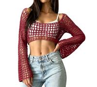Womens Bikini Cover Ups Y2k Crochet Knit Tops Fishnet Openwork Long Sleeve Crop Top Off Shoulder Mesh See Through Tee Shirt Bell Sleeves Summer Beach Cover Up XL Deep Red