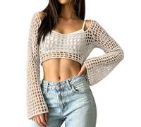 Womens Bikini Cover Ups Y2k Crochet Knit Tops Fishnet Openwork Long Sleeve Crop Top Off Shoulder Mesh See Through Tee Shirt Bell Sleeves Summer Beach Cover Up XL Beige