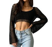 Womens Bikini Cover Ups Y2k Crochet Knit Tops Fishnet Openwork Long Sleeve Crop Top Off Shoulder Mesh See Through Tee Shirt Bell Sleeves Summer Beach Cover Up S Black