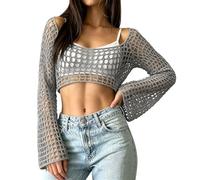 Womens Bikini Cover Ups Y2k Crochet Knit Tops Fishnet Openwork Long Sleeve Crop Top Off Shoulder Mesh See Through Tee Shirt Bell Sleeves Summer Beach Cover Up M Gray