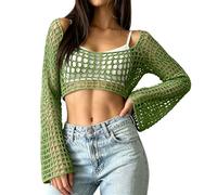 Womens Bikini Cover Ups Y2k Crochet Knit Tops Fishnet Openwork Long Sleeve Crop Top Off Shoulder Mesh See Through Tee Shirt Bell Sleeves Summer Beach Cover Up M Green