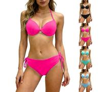 Women's Bikini Set Back Braided Straps Lace Up Bikini Reversible Bottom Two Piece Swimwear V Neck Knot Bunny Tie Low Waisted Sexy Bathing Suits Hot Pink