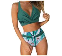 Women's Bikini Set, Two-Piece Swimsuit, Sexy Bikinis, Swimwear with Removable Chest Padding, Tankini Sets, Funky Print, Twist High Waist Swimsuits, Colour Block Swimsuit for Women, Green, XL