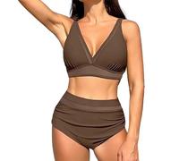 Women's Bikini Set UK Clearance Two Piece Swimwear Push up Tummy Control Bathing Suits Mesh Swimming Costume V Neck Swimwear Vintage Padded Bathing Suit Teen Girls Beach Wear S-XXL Brown