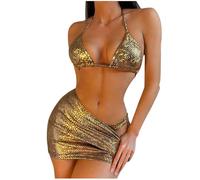 Womens Bikini Sets with Cover Up Skirt Three Piece Swimsuit Sale Clearance for Ladies Solid Color Sexy Backless Strap Bikini Swimsuit Hang Neck Bathing Suits Summer Holiday Beach Swimming Costume S-XL