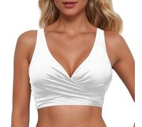 Women's Bikini Tops V Neck Plus Size Swimwear Top Criss Cross Self Tie Bathing Suit Push Up Padded Swim Bikini Top for Women UK Big Bust, White, M