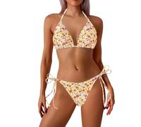 Women'S Bikinis,Bikinis For Women Uk,Women's 2 Piece String Bikini Sets Floral Print Ruffled Tie Backless Thong Swimsuits Bathing Suit (Yellow, XXXXXL)