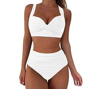 Women's Bikinis Set High Waisted Solid/Printed Ladies Bikini Set Push Up Vintage Beachwear Tummy Control Swimwear Bikini Bottoms Bandeau Bikini Top Plus Size Tankini White
