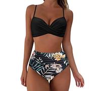 Women's Bikinis Set High Waisted Solid/Printed Ladies Bikini Set Push Up Vintage Beachwear Twist Front Bikini Top Pleated Tummy Control Tropical Beach Wear