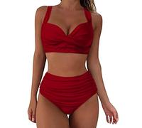 Women's Bikinis Set High Waisted Solid/Printed Ladies Bikini Set Push Up Vintage Beachwear Twist Front Bikini Top Pleated Tummy Control Tropical Beach Wear