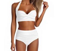 Women's Bikinis Set Two Piece Swimsuits High Waisted Solid Ladies Bikini Set for Older Women UK Push Up Vintage Beachwear Twist Front Bikini Top Pleated Tummy Control Tropical Bathing Suit White