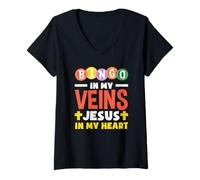 Womens Bingo in My Veins Jesus in Heart Bingo Player V-Neck T-Shirt