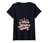 Womens Bingo Queen Sparkly Crown with Colorful Balls Funny Game V-Neck T-Shirt