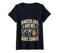 Women's Binoculars Brews Bird Songs Birdwatching Coffee Retro V-Neck T-Shirt