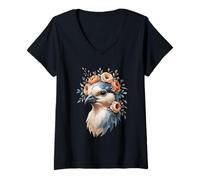Women's Bird Floral Animal Portrait V-Neck T-Shirt