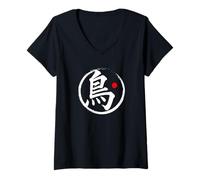 Womens “Bird” Japanese Kanji Word Graphic V-Neck T-Shirt