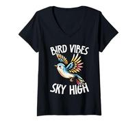 Womens Bird Vibes Sky High Colorful Flying Bird Nature V-Neck T-Shirt