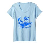 Womens Birman Cat Riding Shark - Funny Cat Cowboy Lover V-Neck T-Shirt