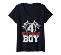 Womens Birthday Boy 4 Four Race Car 4th Birthday Racing Car Driver V-Neck T-Shirt