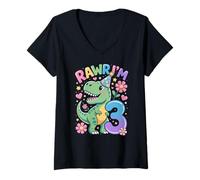 Women's Birthday Boy Rawr I'm 3rd Birthday Dinosaur T- Rex V-Neck T-Shirt