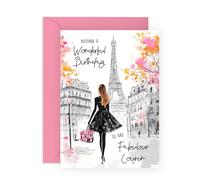 Women's Birthday Card - Wonderful Cousin - Presents for Her, Ladies, Family, Cus, Relatives, Girls - Beautiful in Paris - Comes with Fun Stickers