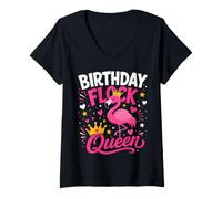 Women's Birthday Flock Queen Flamingo Birthday Party V-Neck T-Shirt