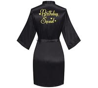 Women's Birthday Party Queen and Squad Robe Kimono SPA Bathrobe with Gold Glitter, Black Birthday Squad, S-M