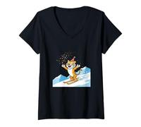 Womens Birthday Party Tiger On Skis Confetti Snow Mountain V-Neck T-Shirt
