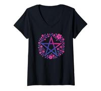 Womens Bisexual Pentagram Wiccan Pagan Bi Pride Flag Boho V-Neck T-Shirt