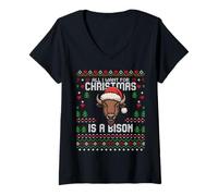 Womens Bison Ugly Xmas Sweater Christmas Buffalo V-Neck T-Shirt
