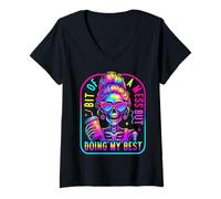 Womens Bit of A Mess Doing My Best Funny Messy Bun Skeleton Womens V-Neck T-Shirt