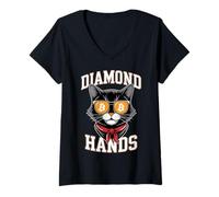Womens Bitcoin HODL Cat Diamond Hands V-Neck T-Shirt