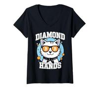 Womens Bitcoin HODL Cat Diamond Hands V-Neck T-Shirt