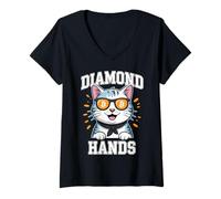 Womens Bitcoin HODL Cat Diamond Hands V-Neck T-Shirt