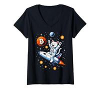 Womens Bitcoin to The Moon Cat V-Neck T-Shirt