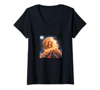 Womens Bitcoin Volcano Fire Lava Mountain Fate V-Neck T-Shirt