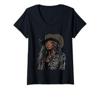 Womens Black African American Cowgirl Western Country Texas Rodeo V-Neck T-Shirt