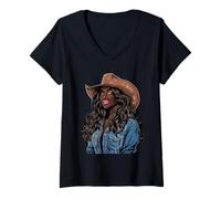 Womens Black African American Cowgirl Western Country Texas Rodeo V-Neck T-Shirt