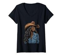 Womens Black African American Cowgirl Western Country Texas Rodeo V-Neck T-Shirt